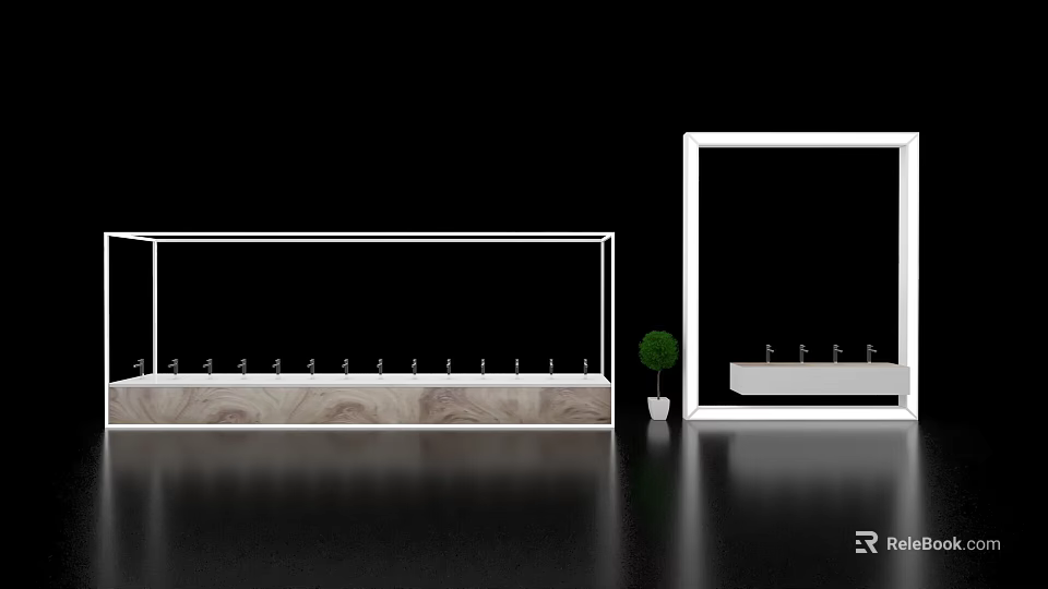 Modern Display Island With Wooden Base Glass Frame And Small Potted Plant 3d model 