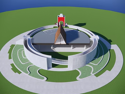 Distinct Circular Architectural Design Featuring Green Lawn Red Structure And Pointed Roof 3d model