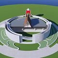 Distinct Circular Architectural Design Featuring Green Lawn Red Structure And Pointed Roof 3d model