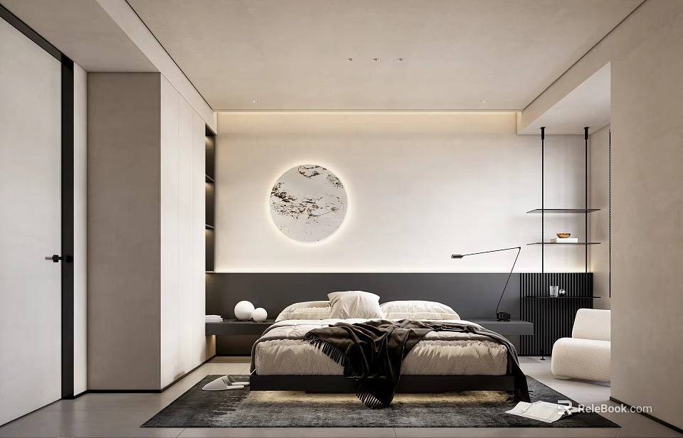Modern Bedroom Interior Design With Round Decorative Wall Art Bedside Lighting And Area Rug 3d model 
