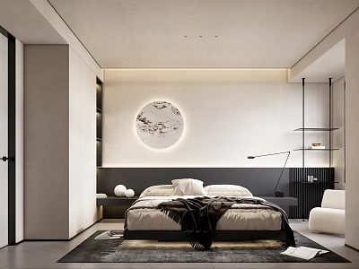 Modern Bedroom Interior Design With Round Decorative Wall Art Bedside Lighting And Area Rug 3d model
