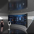 Hi tech Exhibition Hall With Large Digital Display Screen Woman Standing On Reflective Floor