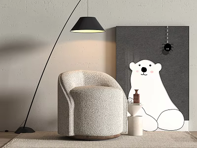 Beige Modern Stool In Living Room With Polar Bear Painting And Black Floor Lamp 3d model