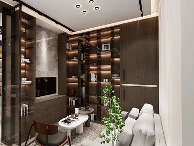 Contemporary Living Room Interior Design With Comfortable Sofa Coffee Table Bookshelves And Green Plant 3d model