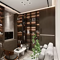 Contemporary Living Room Interior Design With Comfortable Sofa Coffee Table Bookshelves And Green Plant