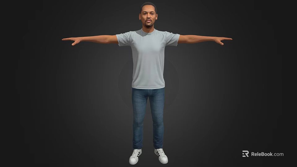 Man With Arms Outstretched Wearing Gray T-Shirt Blue Jeans And White Sneakers On Dark Background 3d model 