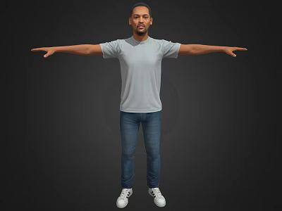 Man With Arms Outstretched Wearing Gray T-Shirt Blue Jeans And White Sneakers On Dark Background 3d model