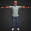 Man With Arms Outstretched Wearing Gray T-Shirt Blue Jeans And White Sneakers On Dark Background