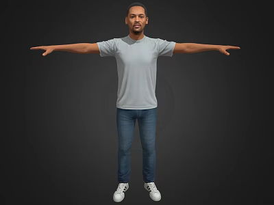 Man With Arms Outstretched Wearing Gray T-Shirt Blue Jeans And White Sneakers On Dark Background 3d model