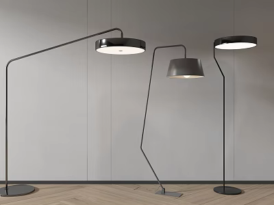 Modern Floor Lamps With Curved Arms And Different Shades In Interior Space 3d model