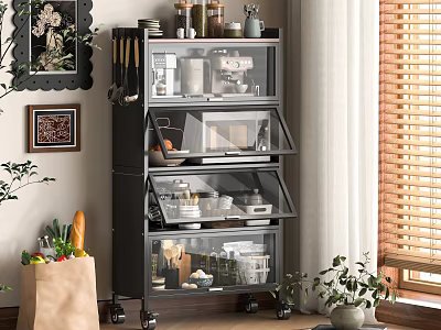 Modern Rolling Storage Shelf with Multiple Tiers Transparent Doors and Kitchen Supplies 3d model