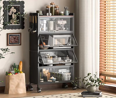 Modern Rolling Storage Shelf with Multiple Tiers Transparent Doors and Kitchen Supplies 3d model