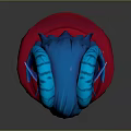 Game Movie Character With Blue Skin Braided Blue Hair Yellow Eyes Blue Horns And Red Cape