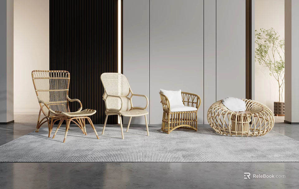 Modern Rattan Leisure Chairs with Different Designs and Comfortable Cushions in Indoor Space 3d model 