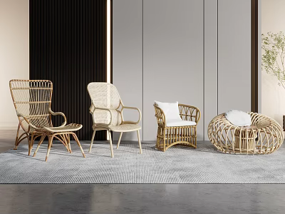 Modern Rattan Leisure Chairs with Different Designs and Comfortable Cushions in Indoor Space 3d model