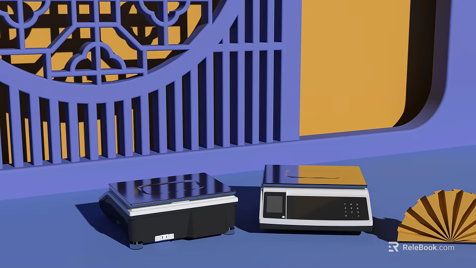 Commercial Kitchen Equipment With Countertop And Digital Display In Chinese Lattice Blue Yellow Background 3d model 