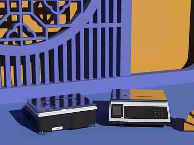 Commercial Kitchen Equipment With Countertop And Digital Display In Chinese Lattice Blue Yellow Background 3d model