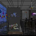 Contemporary Bar Interior Design With Colorful Lighting High Stools Bar Counter And Geometric Ceiling
