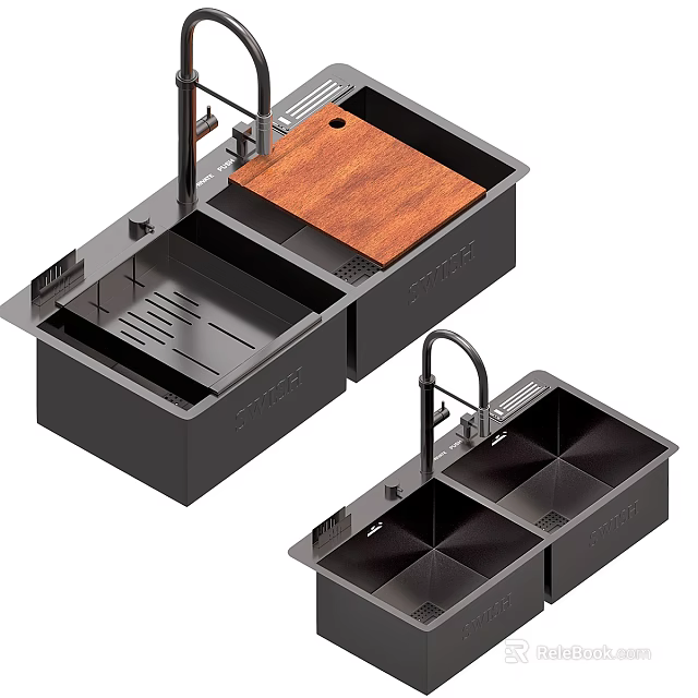 Modern Black Kitchen Sink With Double Bowl Design Wooden Cutting Board And Faucet 3d model 