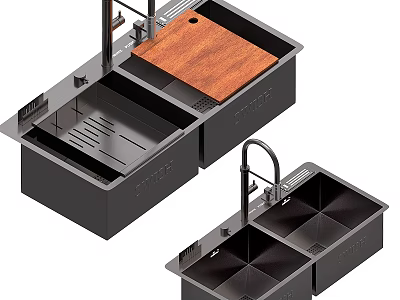 Modern Black Kitchen Sink With Double Bowl Design Wooden Cutting Board And Faucet 3d model
