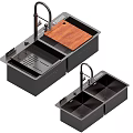 Modern Black Kitchen Sink With Double Bowl Design Wooden Cutting Board And Faucet