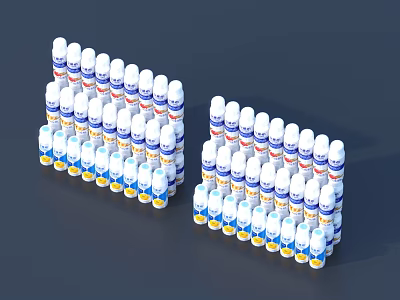 White And Blue Beverage Bottles Arranged In Multiple Rows With Brand Packaging Design 3d model