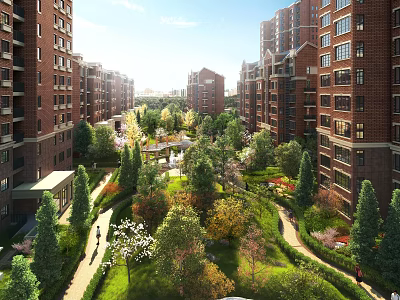Red Brick Residential Buildings With Landscaped Garden Trees And Walking Paths 3d model