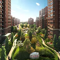 Red Brick Residential Buildings With Landscaped Garden Trees And Walking Paths