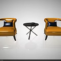 Yellow Armchairs With Blue Pillows And Round Side Table In Gray Space With Reflections 3d model