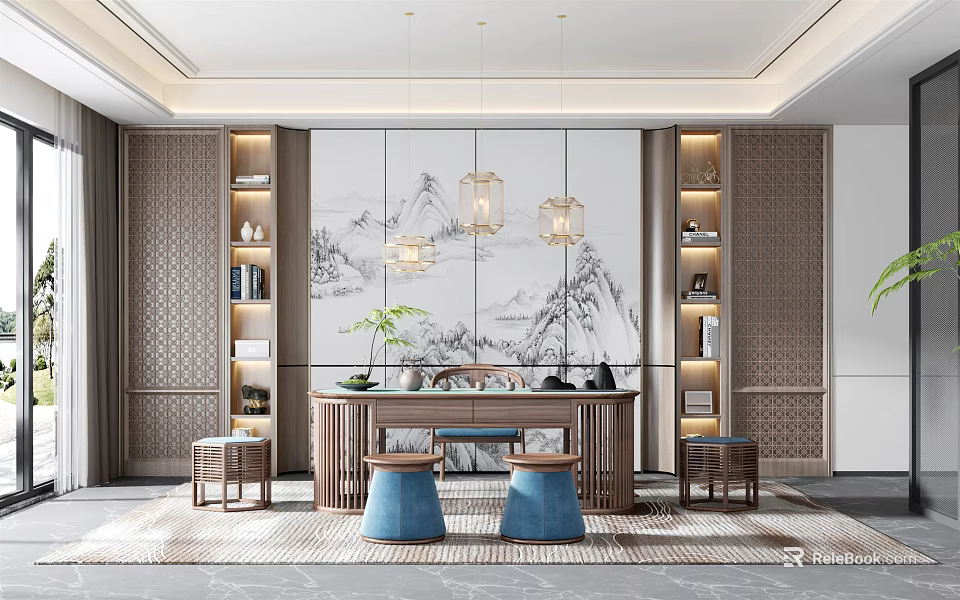 Modern Tea Room Interior With Wooden Tea Table Cozy Seats Hanging Lamps And Landscape Painting 3d model 