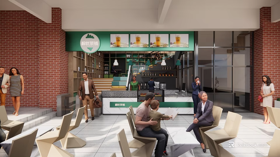 Bubble Tea Shop With Green Signage Cozy Interior Counter Drinks Display And Customer Seating 3d model 