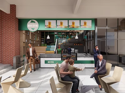 Bubble Tea Shop With Green Signage Cozy Interior Counter Drinks Display And Customer Seating 3d model