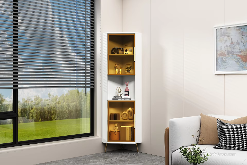 Stylish Decorative Cabinet With Golden Accents Near Window White Wall And Green Lawn View 3d model 