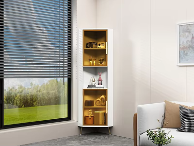 Stylish Decorative Cabinet With Golden Accents Near Window White Wall And Green Lawn View 3d model