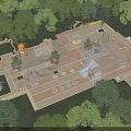 Children's Play Area With Slide Climbing Structure Small House And Circular Elements Surrounded By Trees