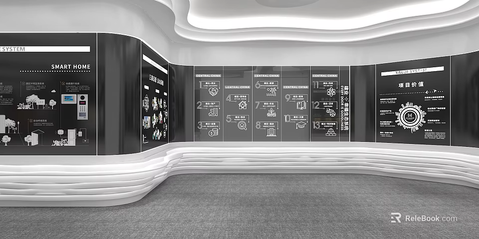 Modern Exhibition Hall With Interactive Data Charts Information Displays And Icons 3d model