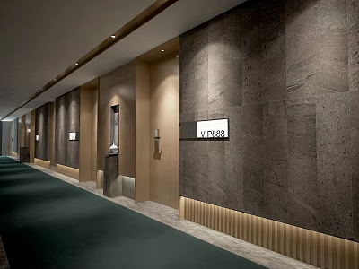 Hotel Corridor Interior With Gray Stone Walls Wooden Accents Modern Lighting And Green Carpet 3d model