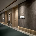 Hotel Corridor Interior With Gray Stone Walls Wooden Accents Modern Lighting And Green Carpet