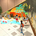 Pet Rest Area Photo Check-in Spot With Cartoon Decorations Palm Trees And Pet Interactions