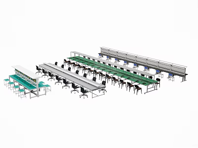 Industrial Equipment Assembly Line With Green Conveyor Belts And Ergonomic Workstations 3d model