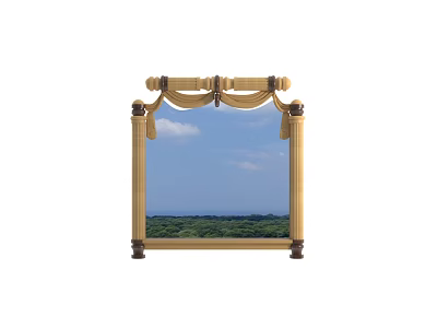 Ornate Golden Framed Mirror With Curtain Design Reflecting Blue Sky White Clouds And Green Landscape 3d model