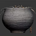 Wilted Dried Grass Plant in Textured Clay Pot on Neutral Gray Background