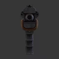Vintage Sci Fi Weapon Featuring Metallic Body Wooden Stripes Ammo Magazine and Mechanical Design