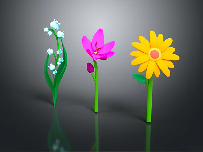 Colorful Cartoon Flowers White Pink And Yellow Blooms With Green Stems Leaves On Dark Background 3d model