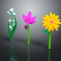 Colorful Cartoon Flowers White Pink And Yellow Blooms With Green Stems Leaves On Dark Background