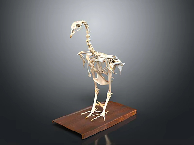 Complete Bird Skeleton Displayed on Wooden Base with Dark Background 3d model