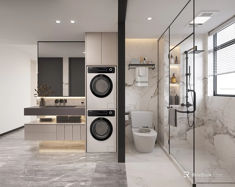 Modern Bathroom Interior With Stacked Washer Dryer Glass Shower And Marble Walls 3d model 