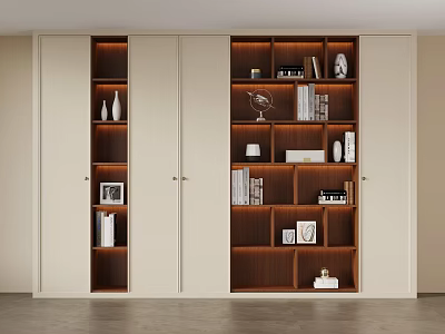 Modern Wooden Bookcase With White Doors Multiple Shelves And Decorative Items 3d model