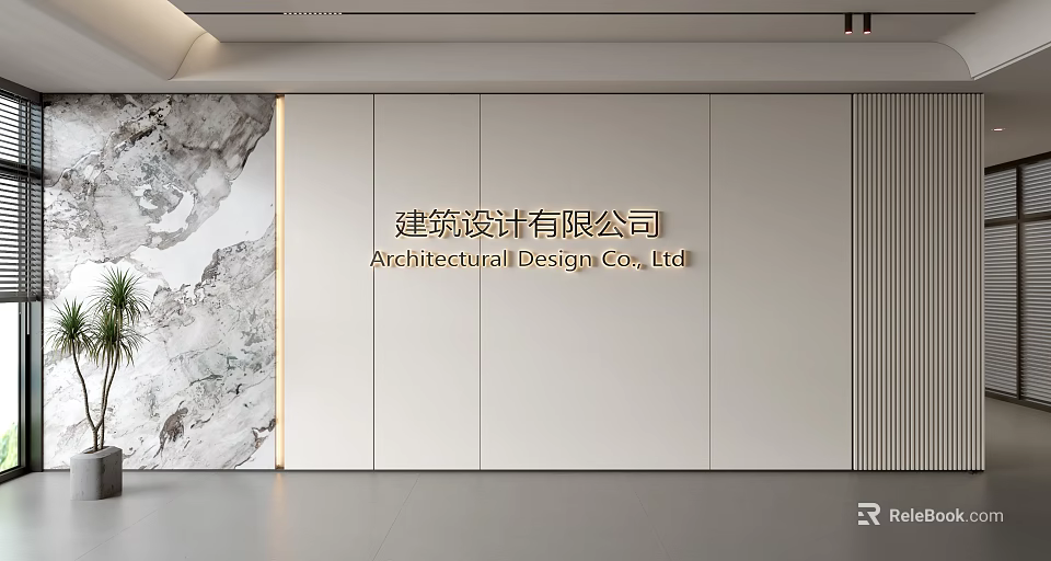 Modern Minimalist Interior Design Feature Wall With Marble Texture And Architecture Firm Signage 3d model 