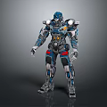 Futuristic Armored Game and Movie Character With Metallic Blue Red Mechanical Design